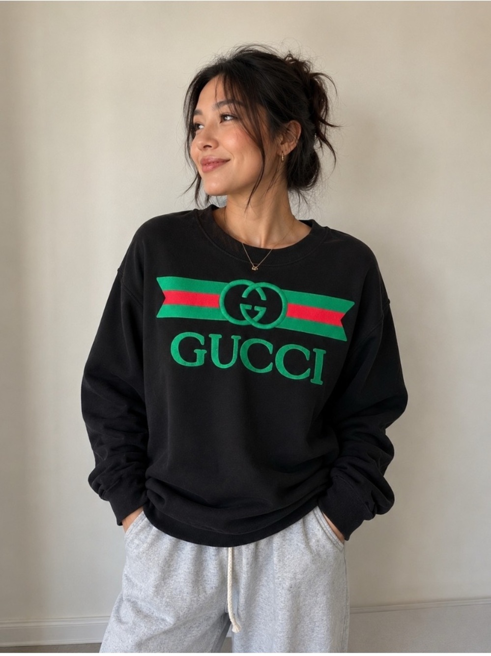 Gucci Authentic Sweater with Green & Red Logo Stripe & Interlocking GG Logo.